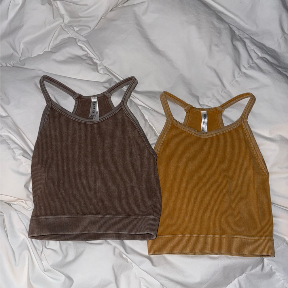 Yellow and Brown Fitted Crop Tank Tops